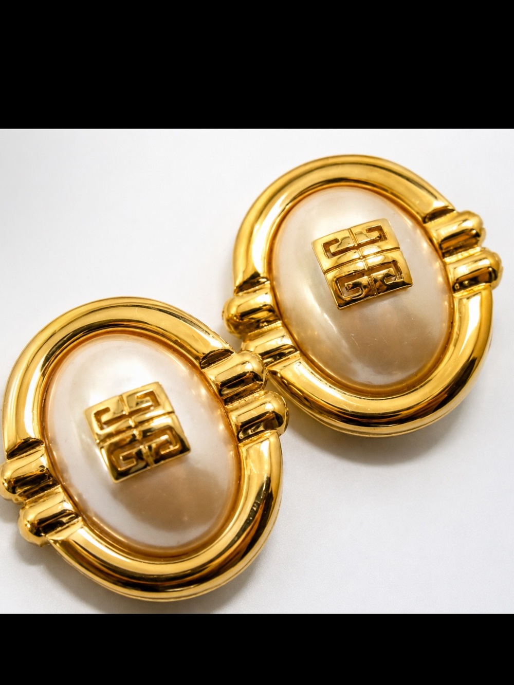 GIVENCHY Huge Vintage Gold Oval Pearl Clip Earrings EUC